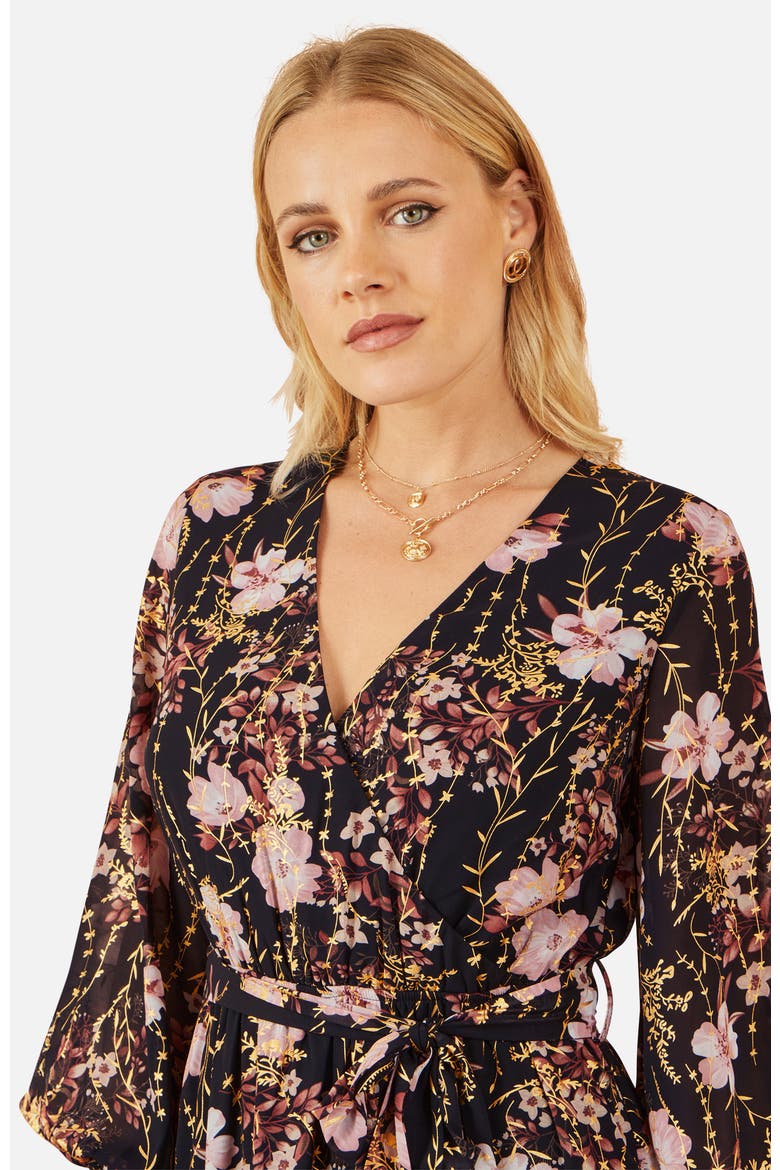 Foiled Floral Print Wrap Midi Dress