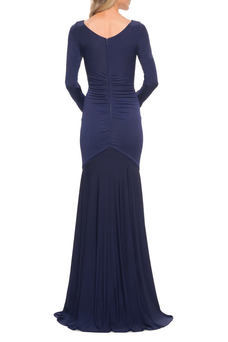 Ruched Jersey Evening Gown with Long Sleeves