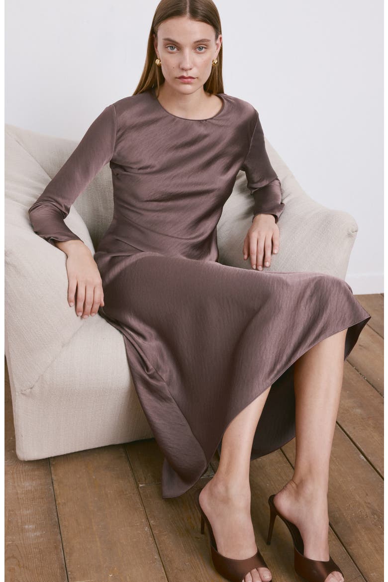 Long Sleeve Textured Satin Midi Dress