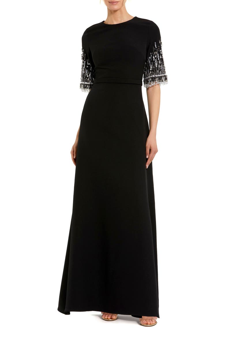 Petite Crepe A Line Gown With Beaded 3/4 Sleeves