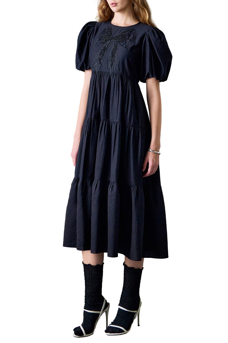 Sequin Bow Detail Tiered Organza Midi Dress