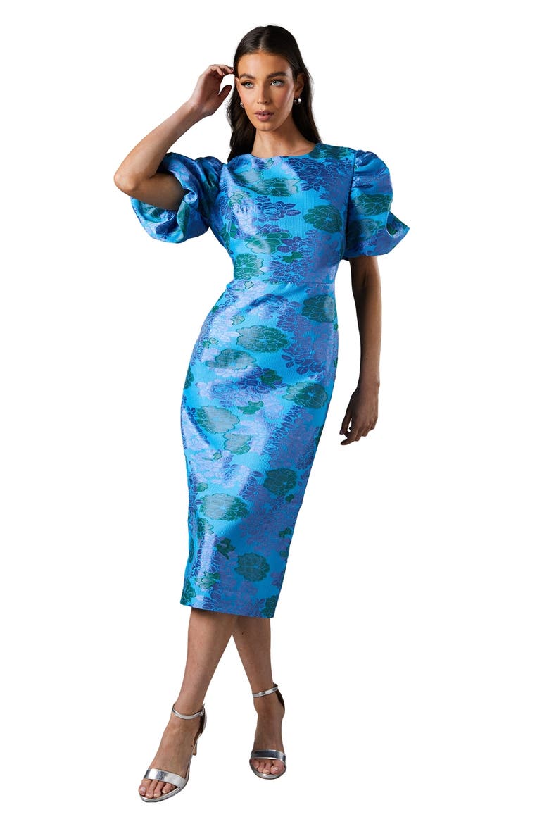 Jacquard Floral Puff Sleeve Midi Dress