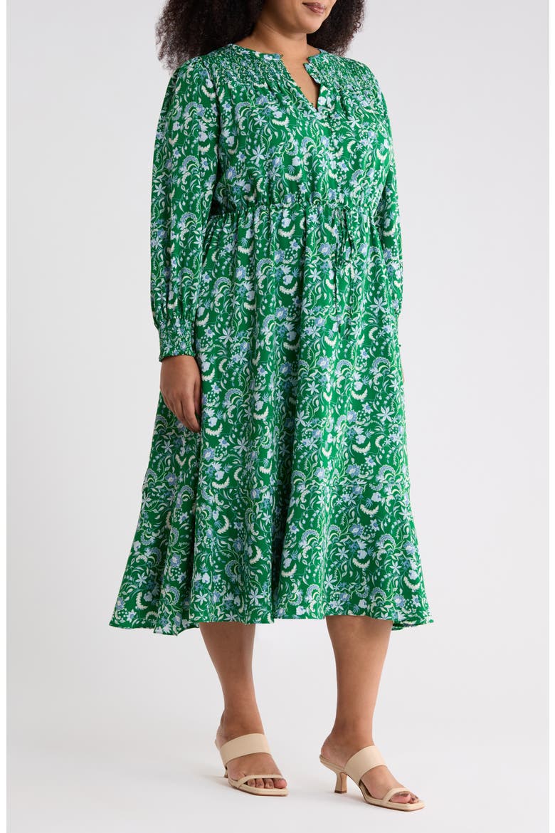 Cabana Floral Keila Long Sleeve Smocked Yoke Midi Dress