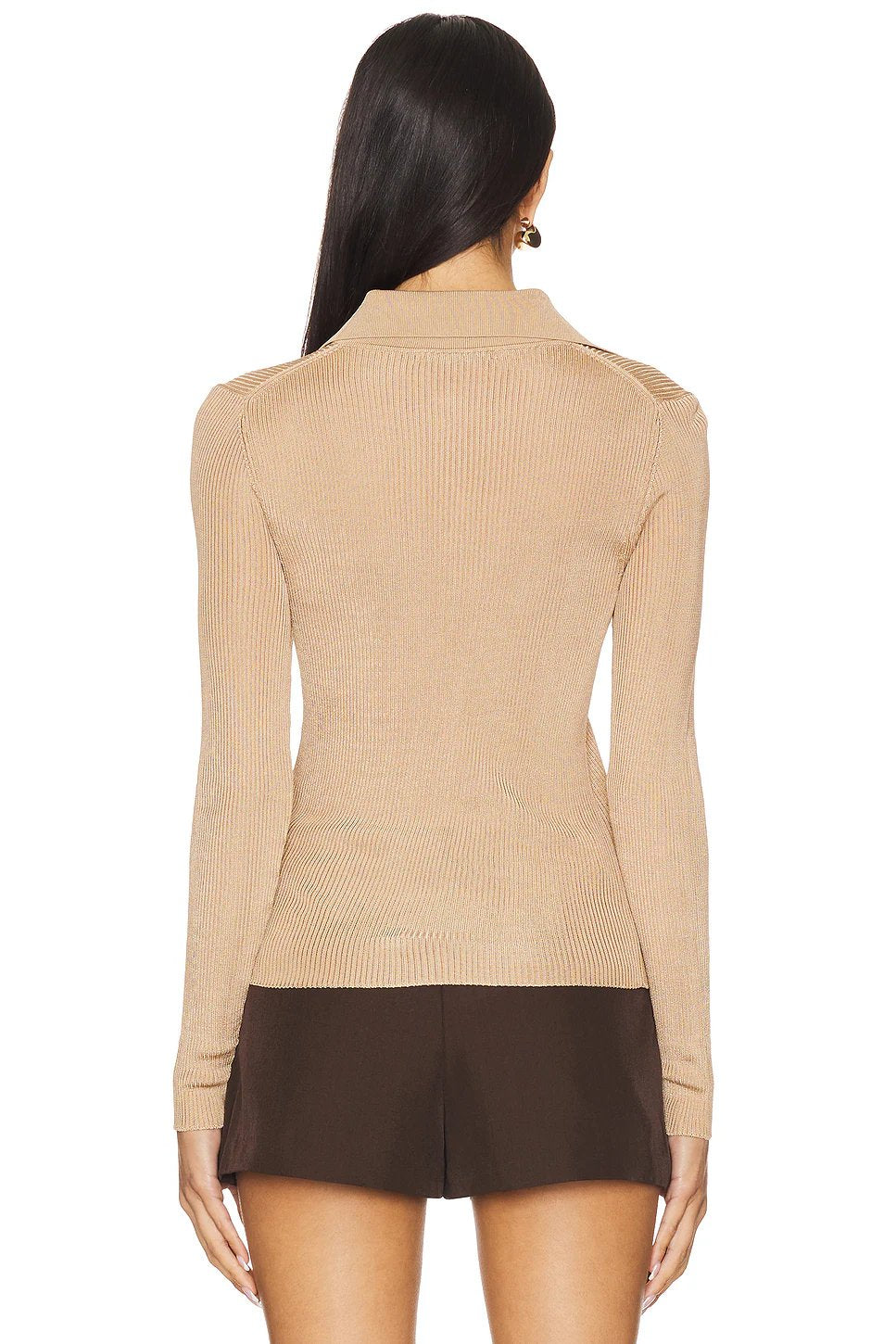 Alice + Olivia Nealie Ribbed Polo in Tan - Image 3