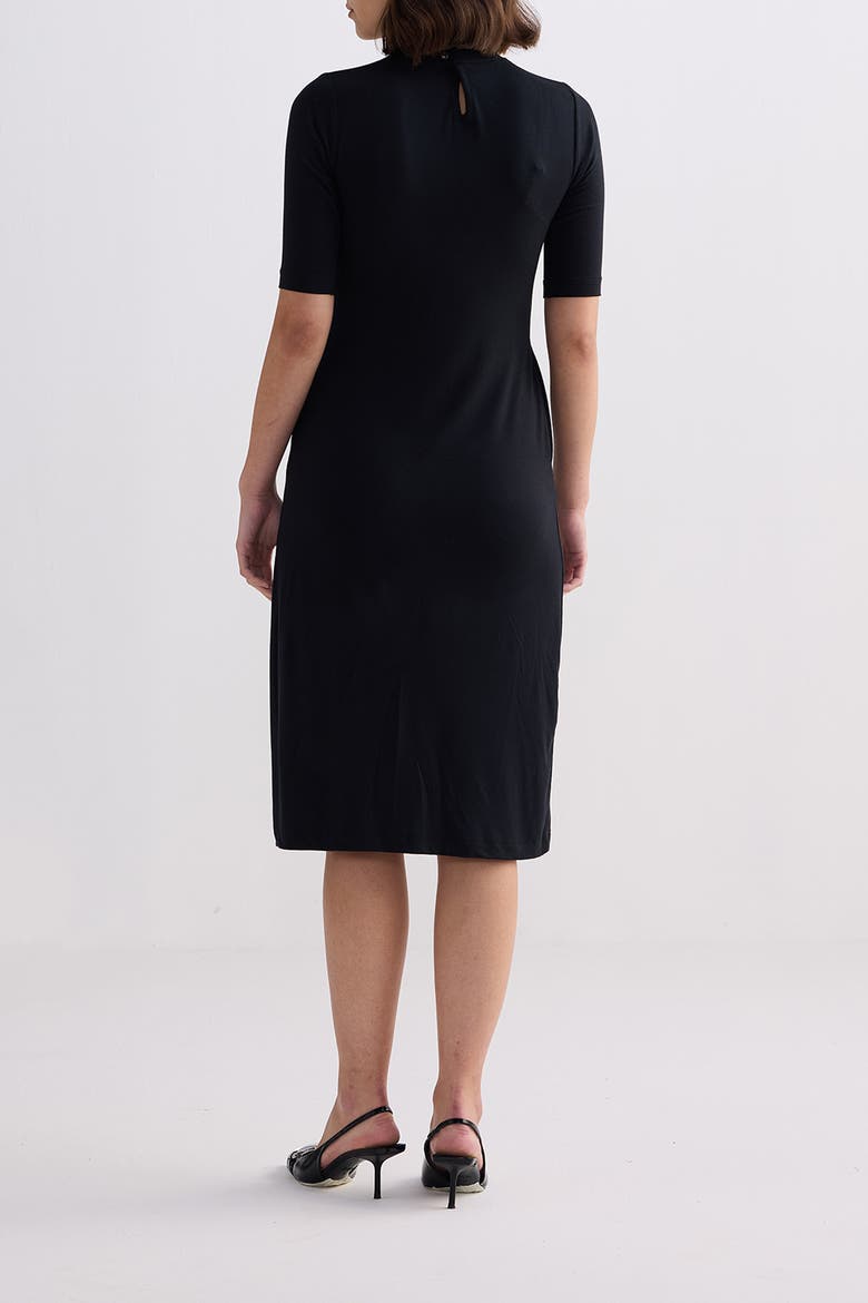High Crew Neck Fitted Dress with Elbow Sleeves