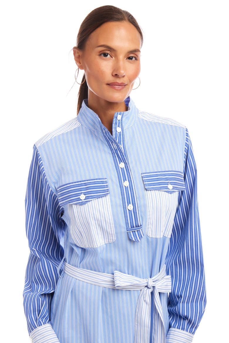 Mixed Stripe Belted Long Sleeve Shirtdress