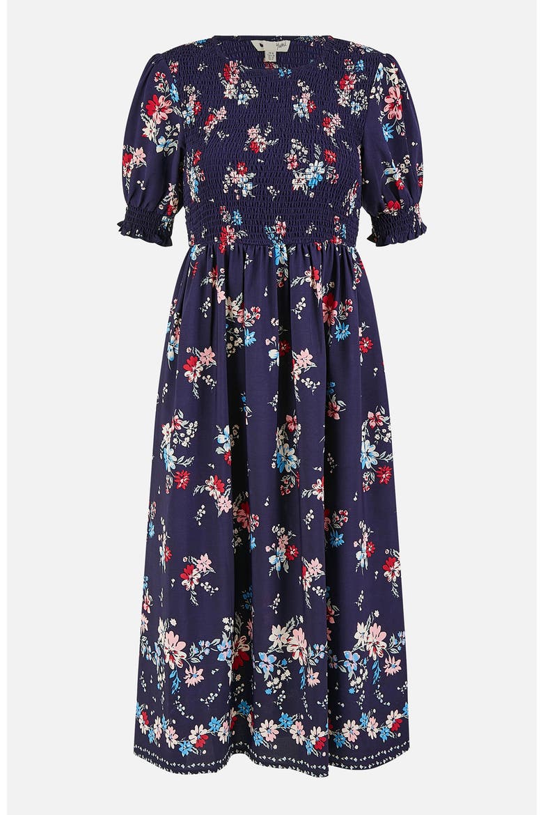Smocked Bodice Floral Ruched Midi Dress