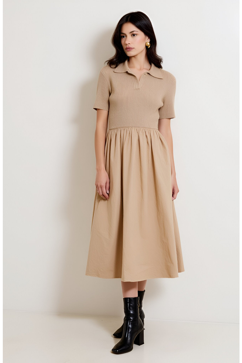 Polo Collar Short-Sleeve Gathered A-Line Midi Sweater Dress