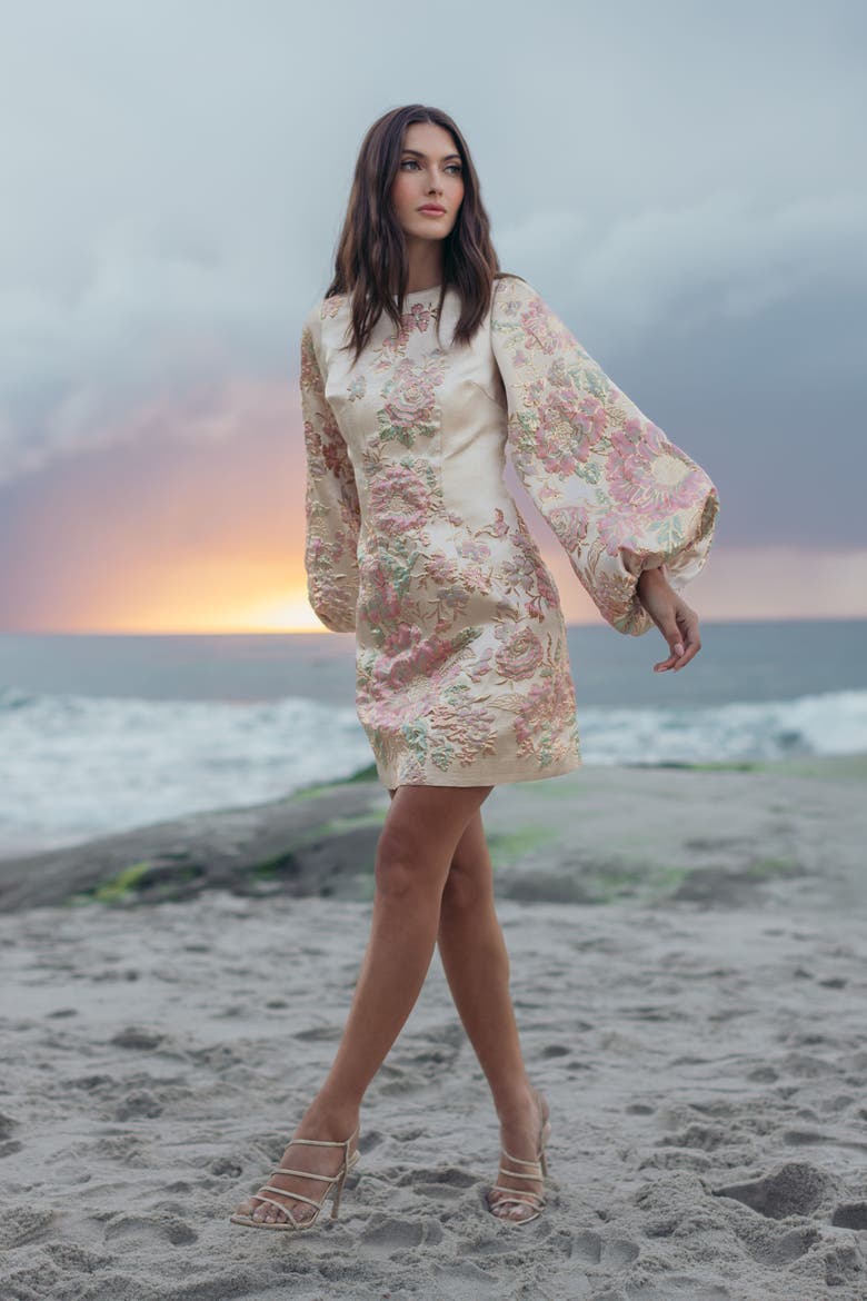 Brocade High Neck Long Bishop Sleeve Mini Dress