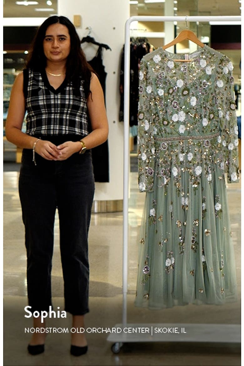 Sequined Floral Long Sleeve High Neck Midi Dress