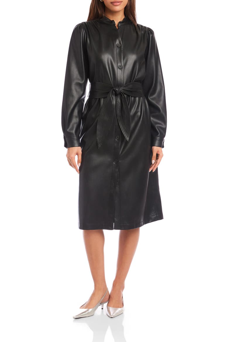 Jennifer Long Sleeve Tie Belt Faux Leather Dress
