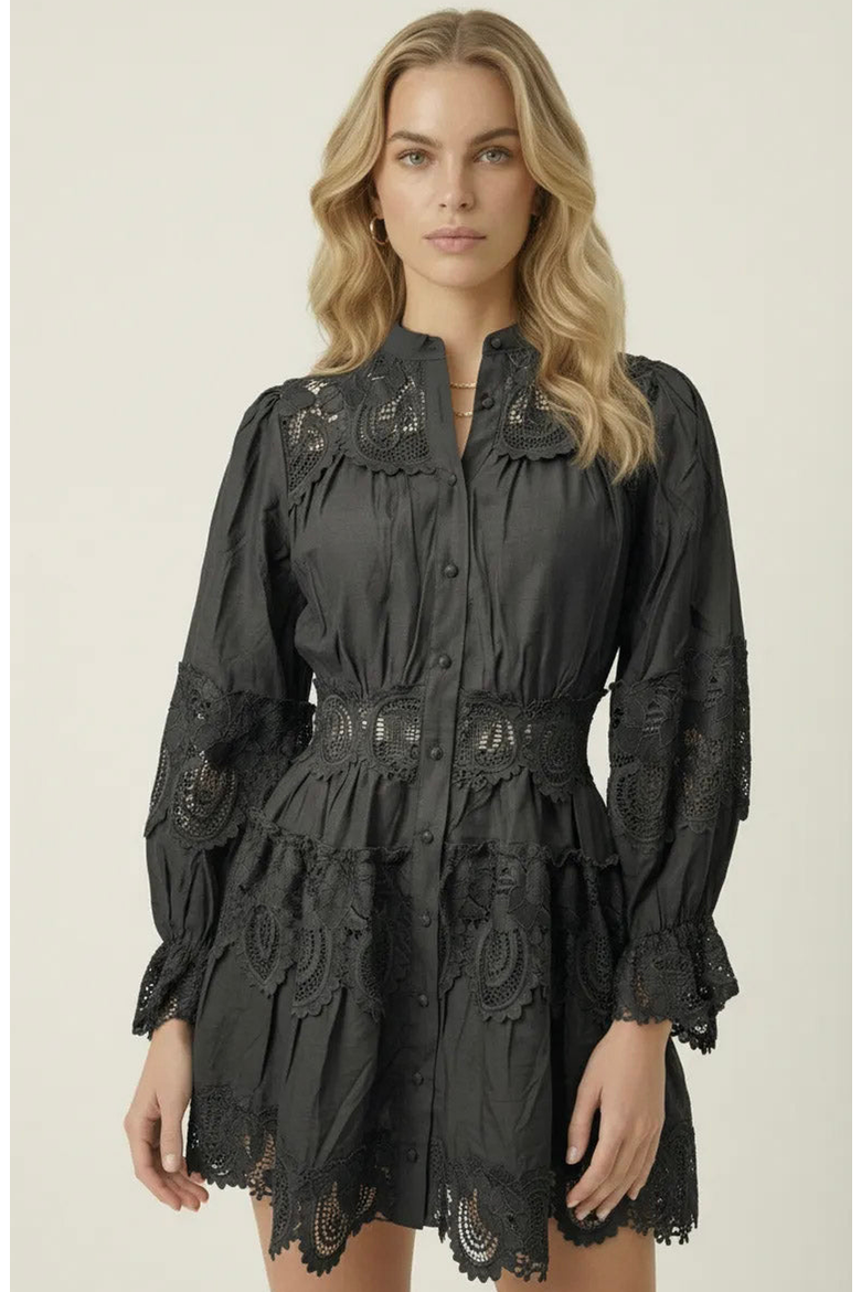 Lace Trim Button Front Mini Dress