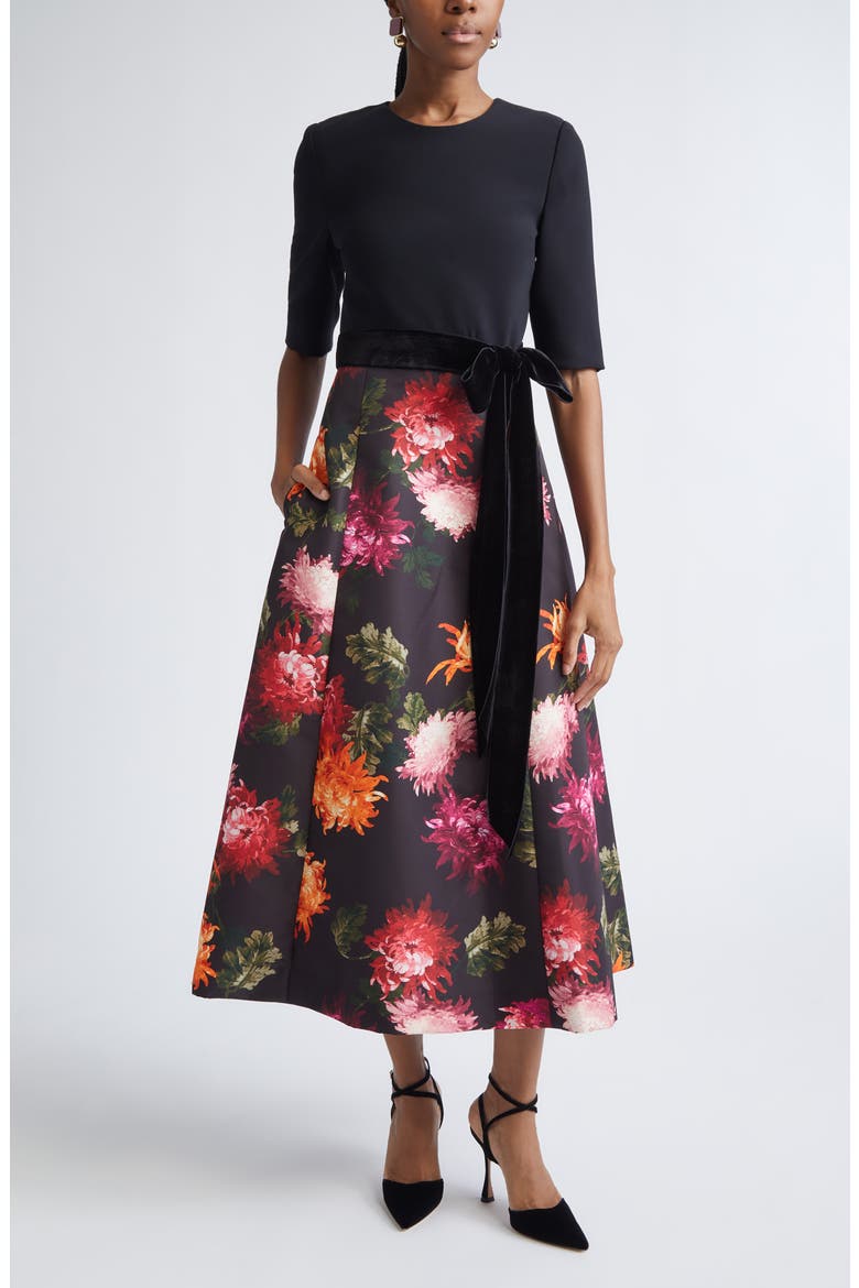 Chrysanthemum Print Crepe, Velvet & Faille Fit & Flare Midi Dress