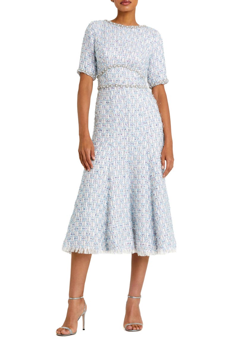 Short Sleeve Beaded Trim Boucle Midi Dress