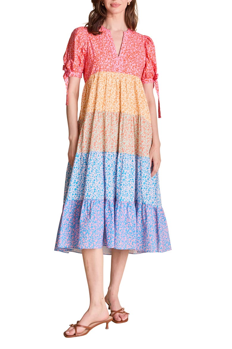 Floral Colorblock Tiered Cotton Midi Dress