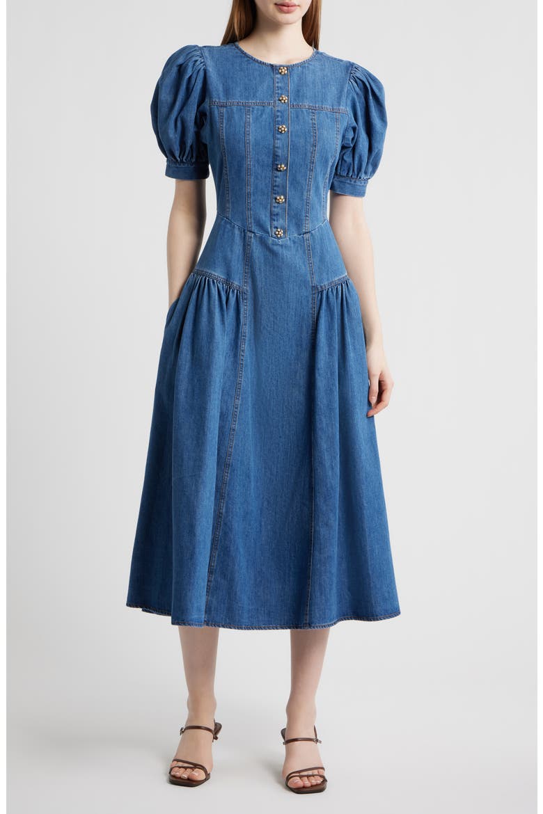 Cotton Blend Puff Sleeve Denim Midi Dress