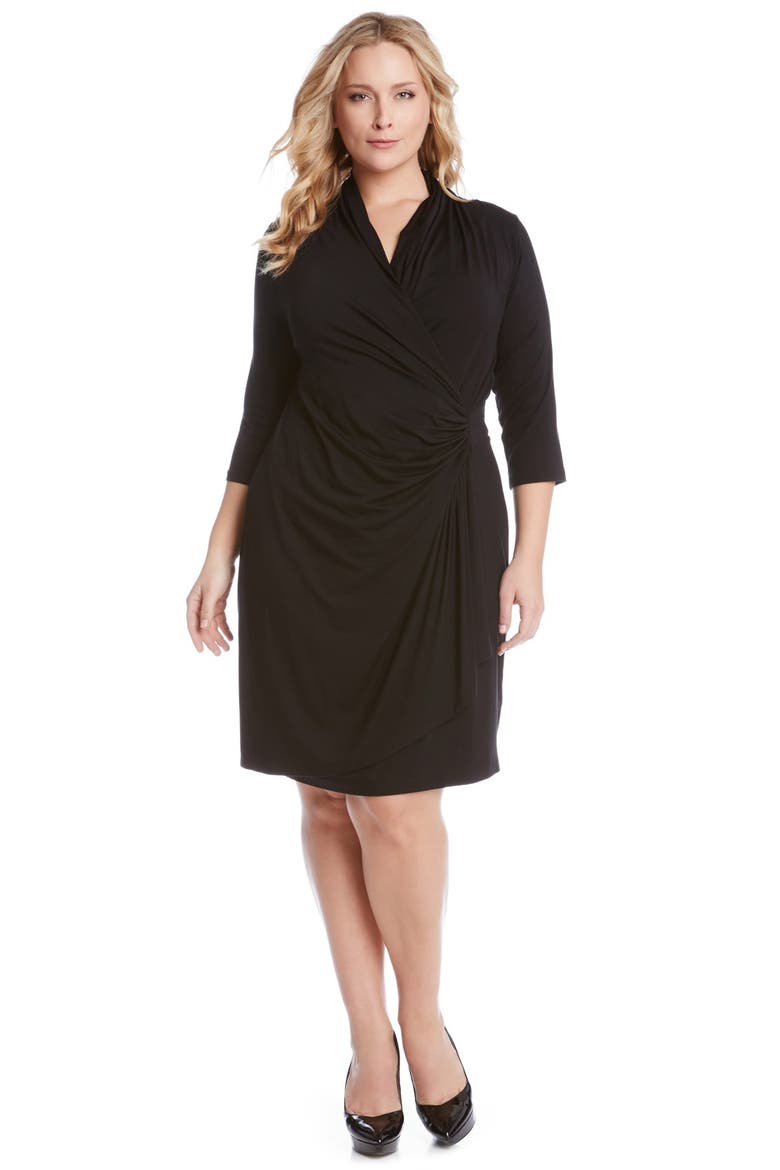 Three Quarter Sleeve Jersey Cascade Faux Wrap Dress