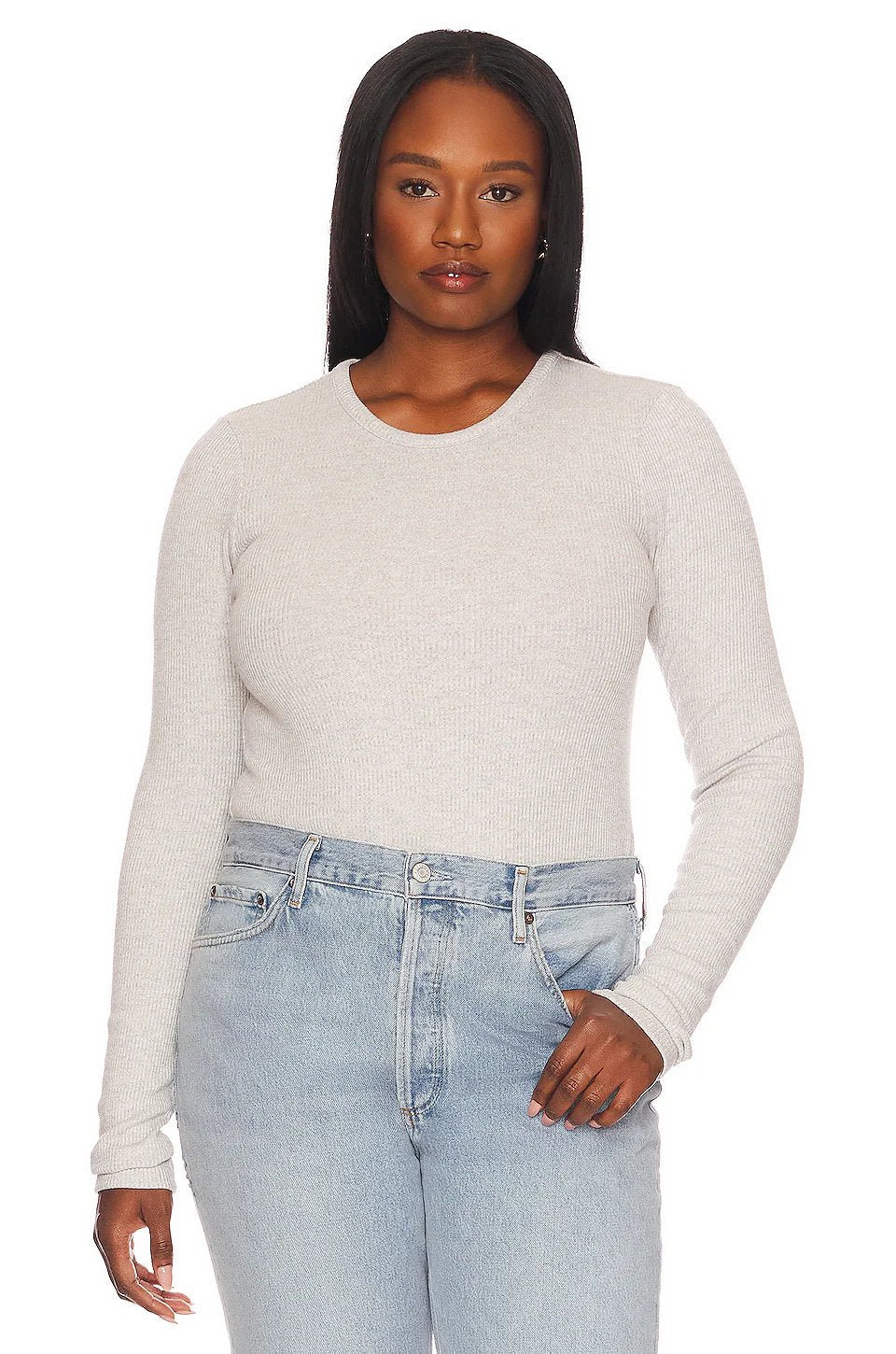 AGOLDE Alma Shrunken Crew Neck in Brushed Grey Heather - Image 2