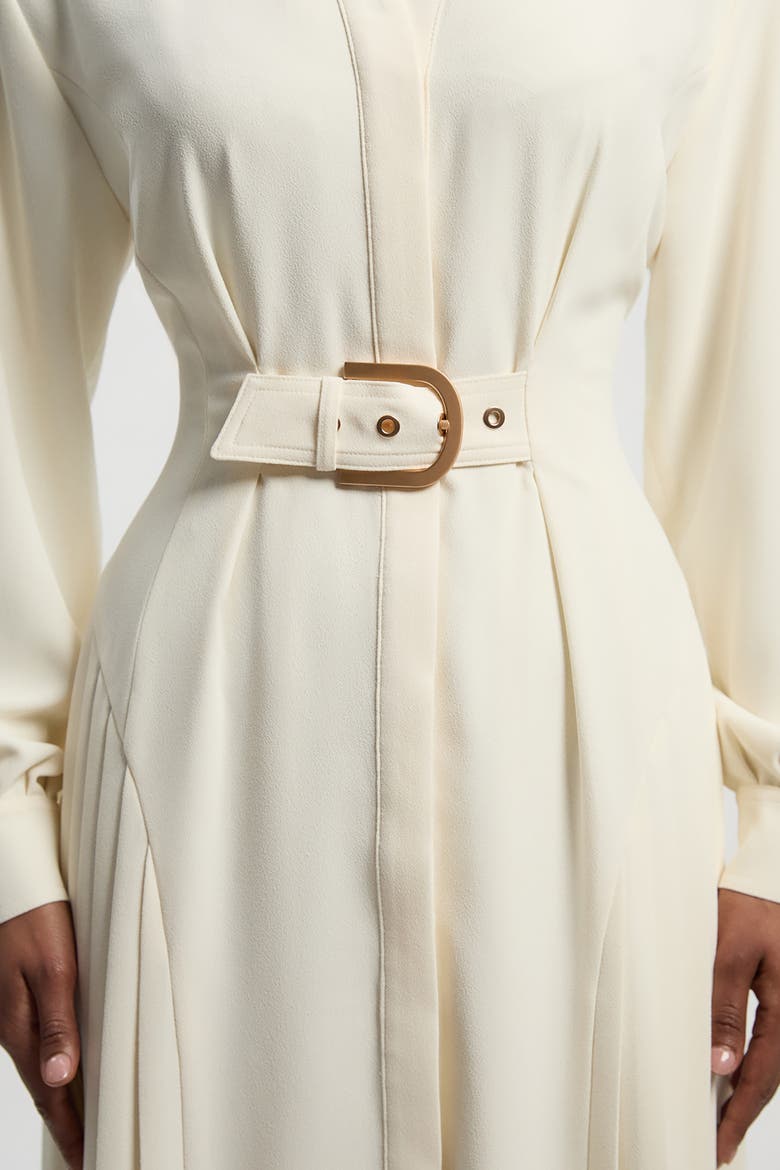 Tailored Crepe Belted Pleated Midi Dress