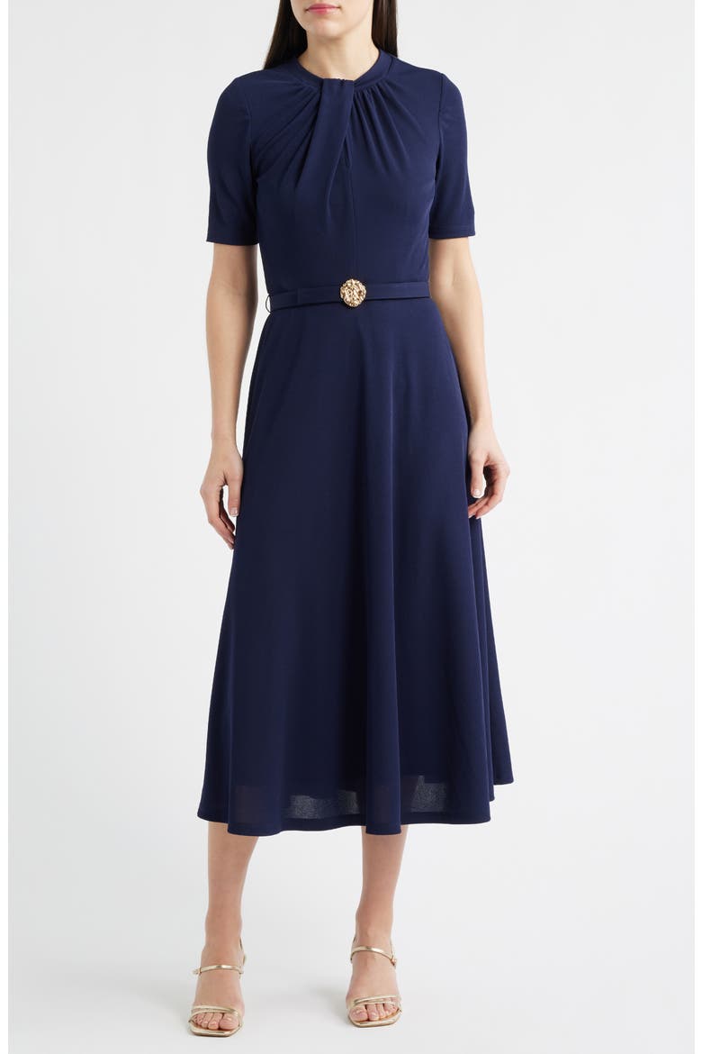 Twist Neck Belted Midi Dress
