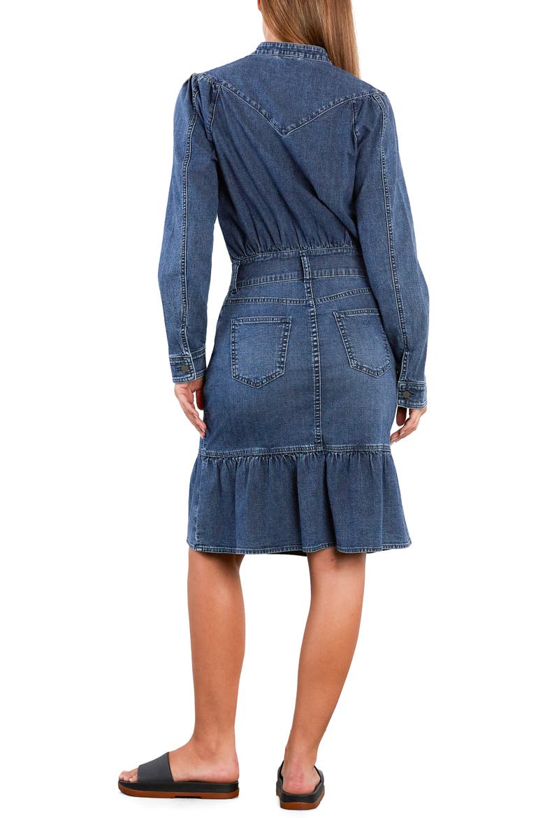 For A Stroll Ruffle Hem Long Sleeve Denim Dress