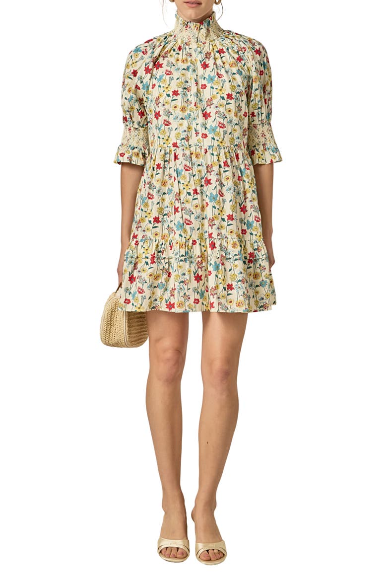 Print Smocked Puff Sleeve Minidress