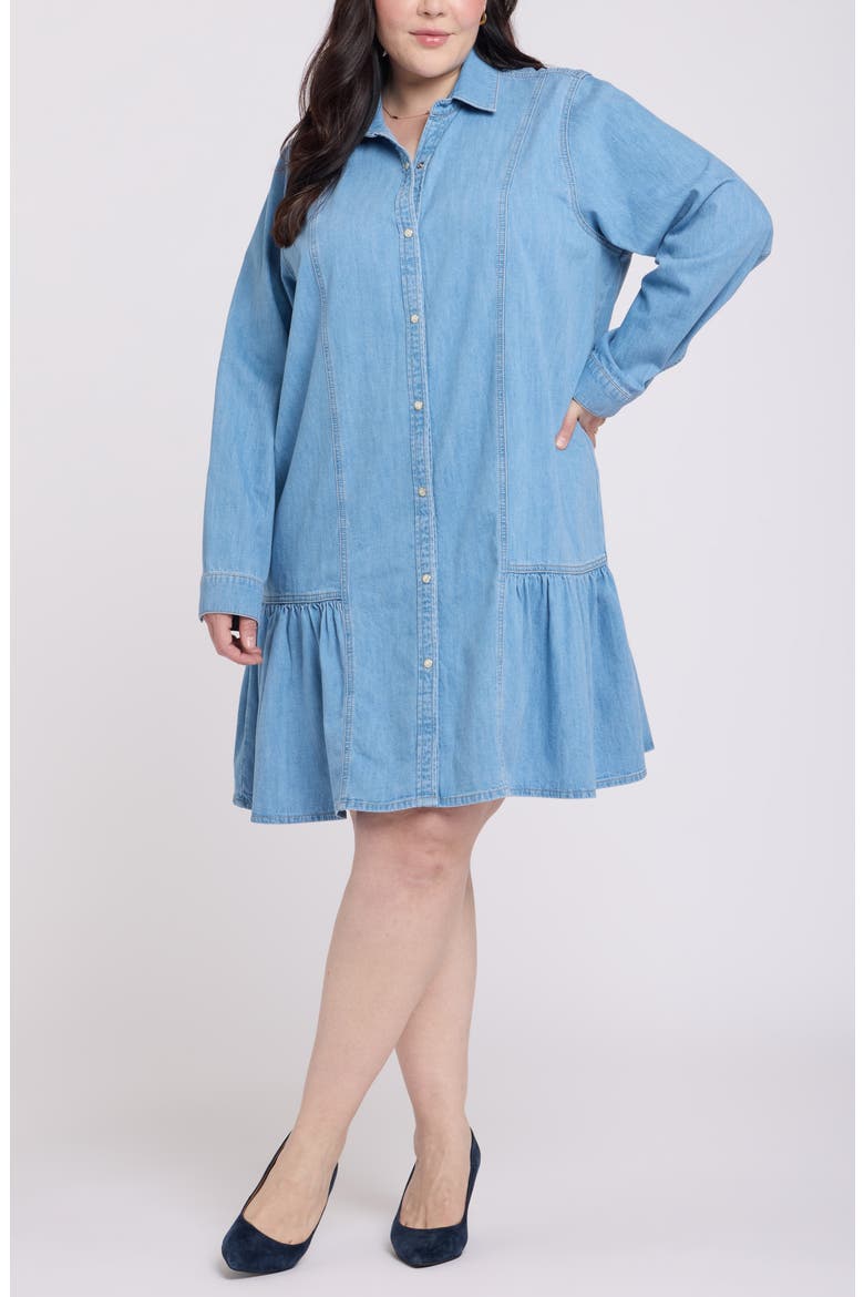 Ruffle Hem Long Sleeve Denim Shirtdress