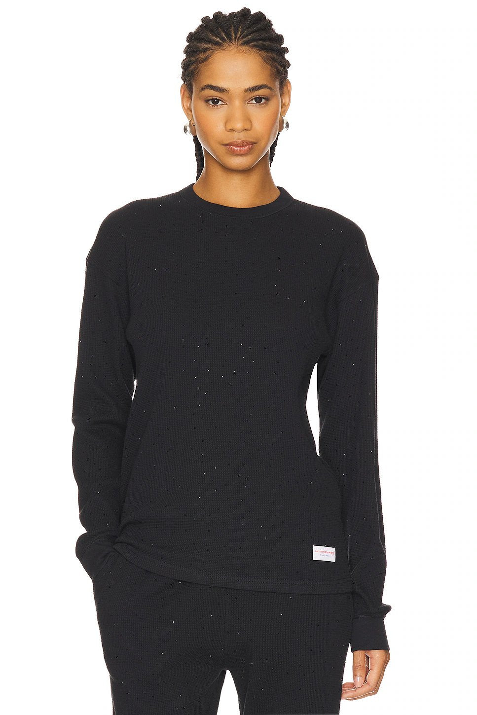 Alexander Wang Hotfix Waffle Crewneck Long Sleeve Tee in Black - Image 1