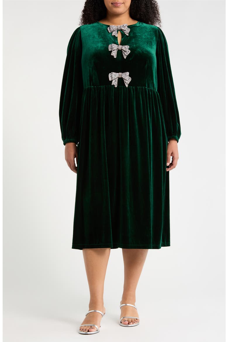 Jena Glow Bow Long Sleeve Velvet Midi Dress