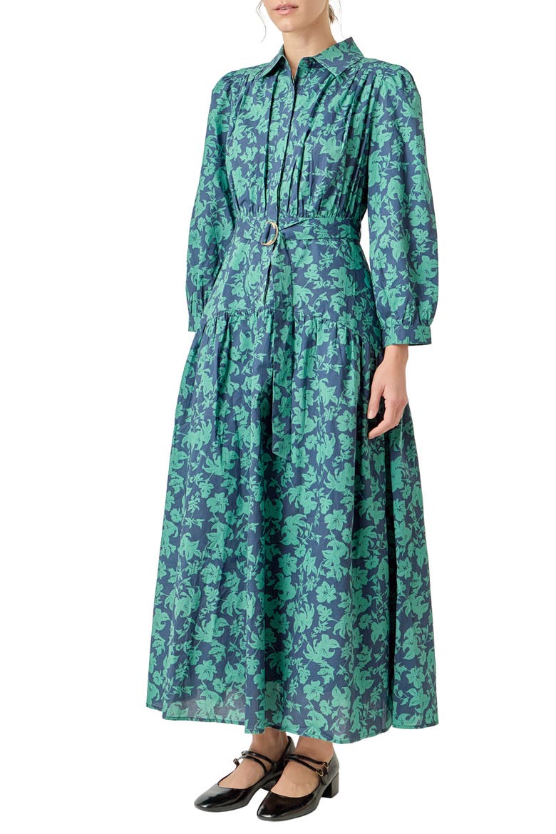 Belted Tiered Print Long Sleeve Cotton Midi Dress