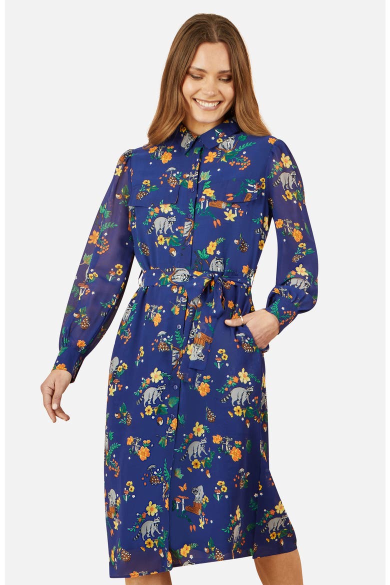 Raccoon Print Shirt Midi Dress