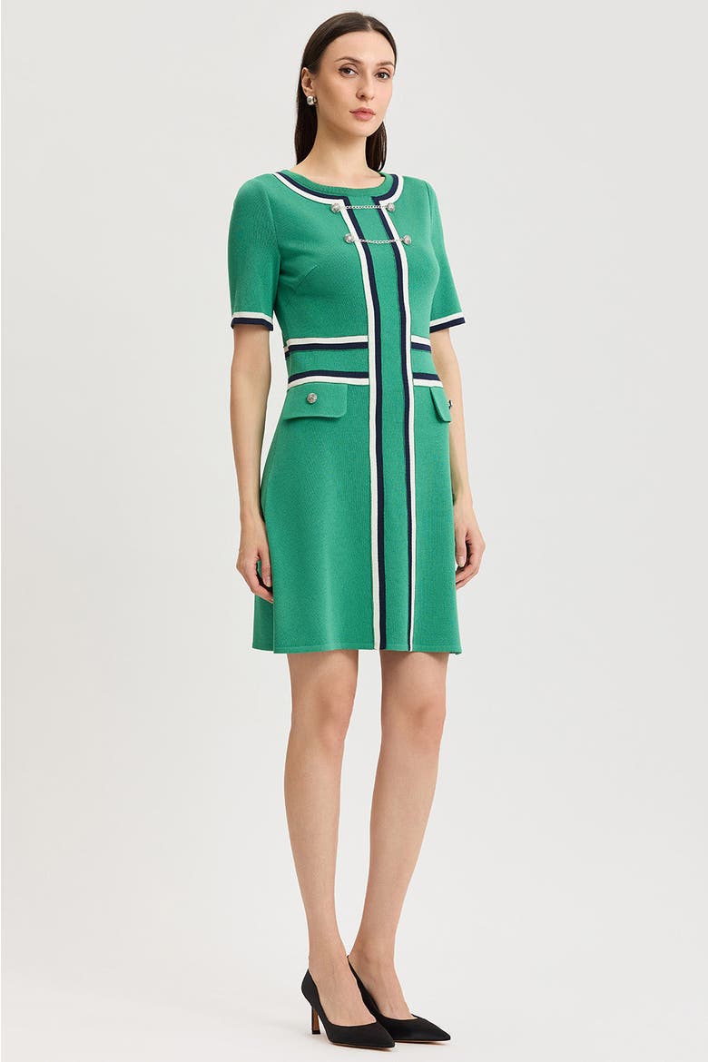 Button Detail Contrast Trim Soft Knit Dress