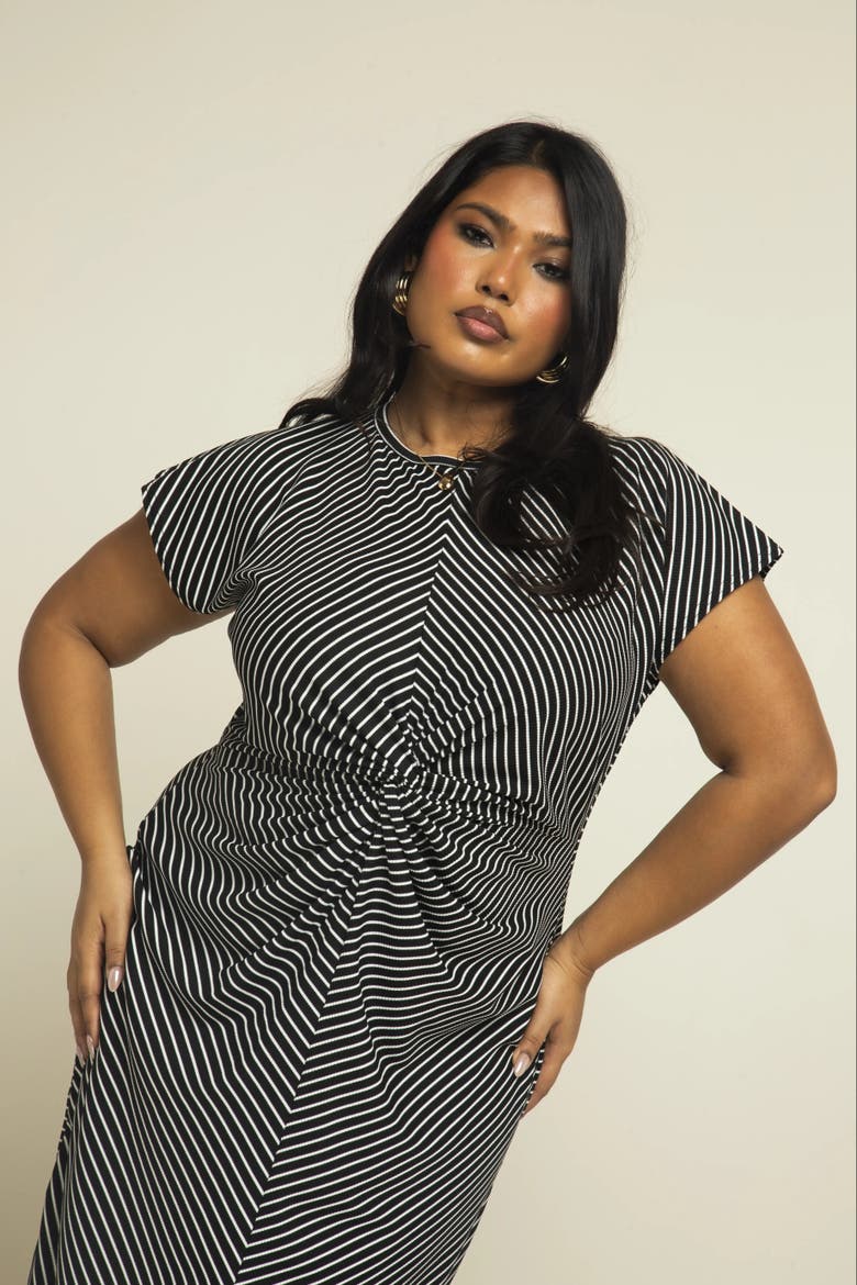 Cinched Striped Print Midi Dress