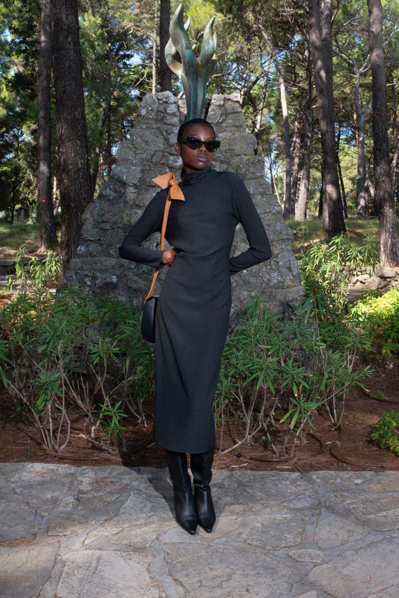 Aurora Crinkle Fabric Funnel Neck Midi Dress