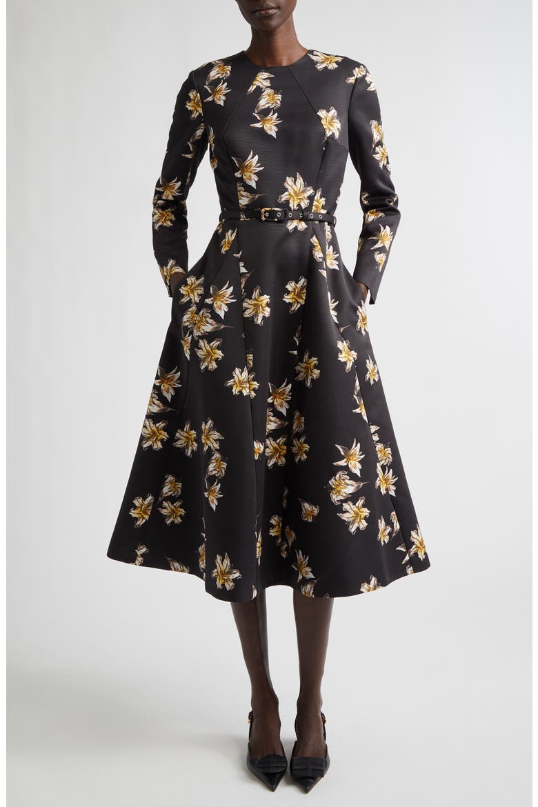 Uccelina Festive Lillies Long Sleeve Belted Fit & Flare Faille Midi Dress