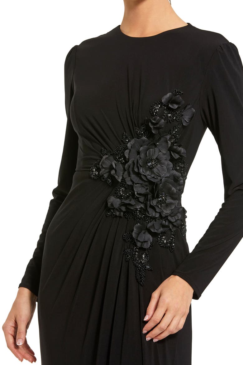 Long Sleeve High Neck Floral Beaded Jersey Gown