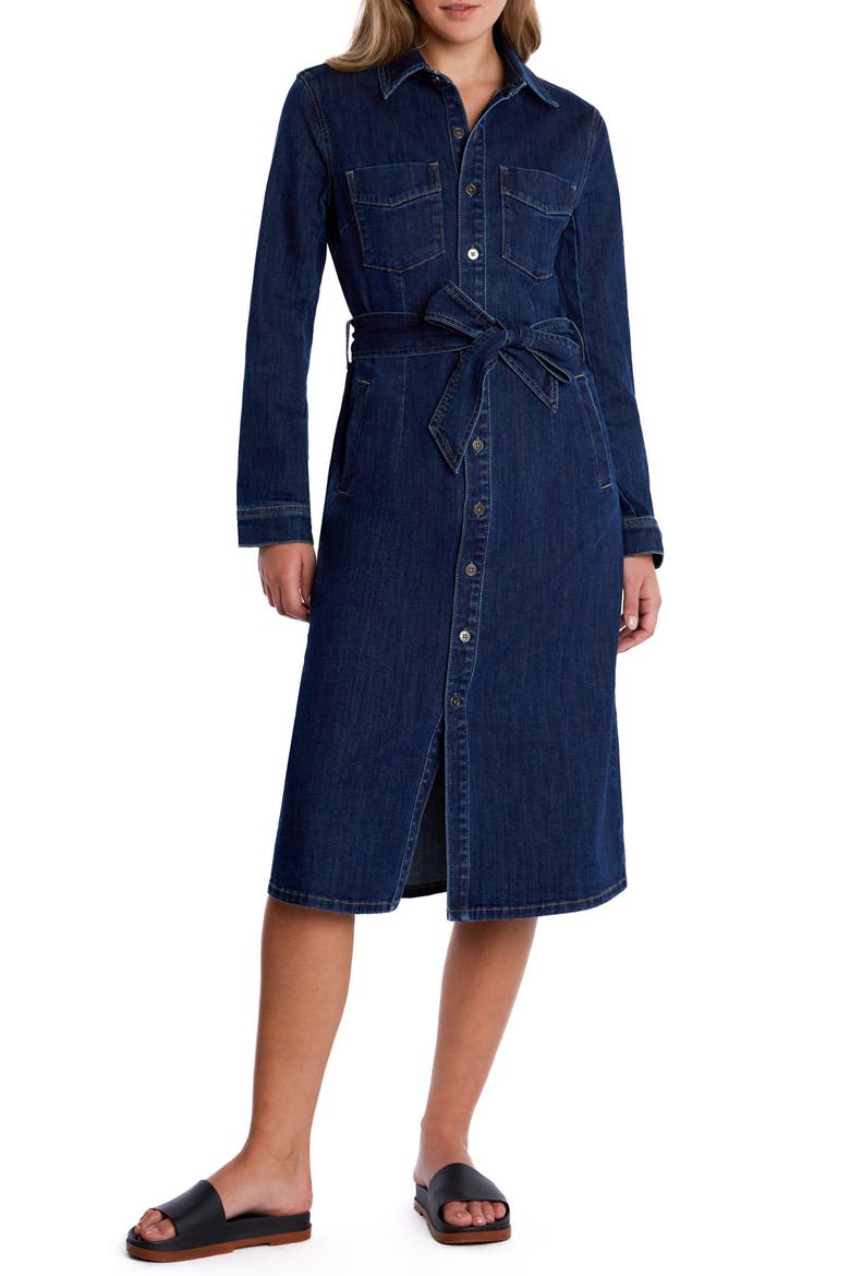 High Up Belted Denim Midi Shirtdress