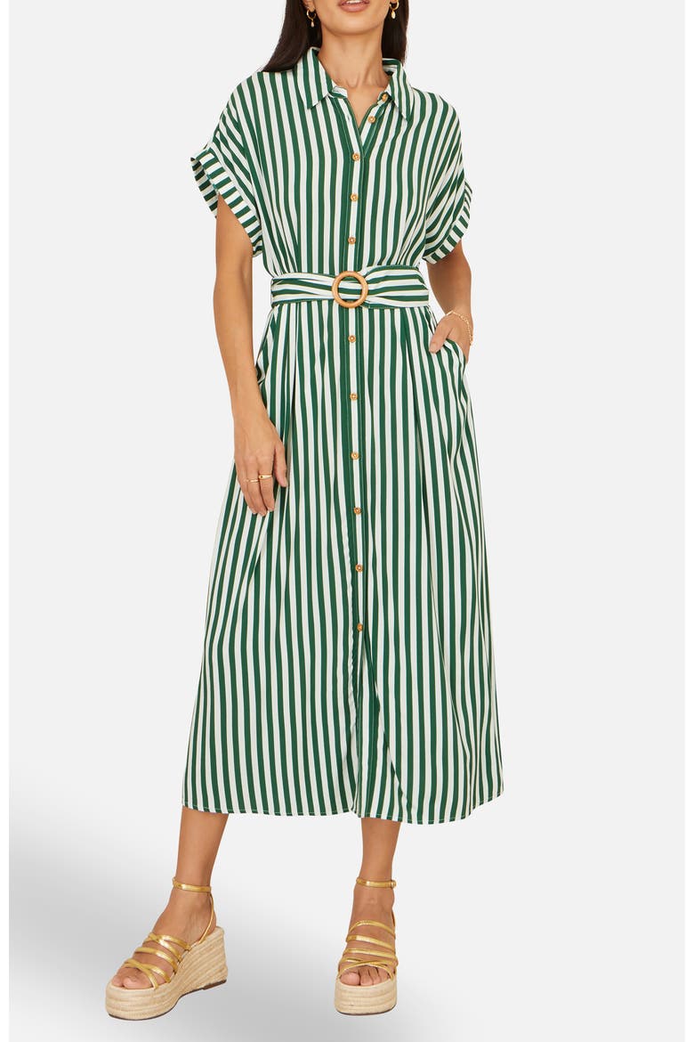 Stripe Print Belted Midi Shirt Dress