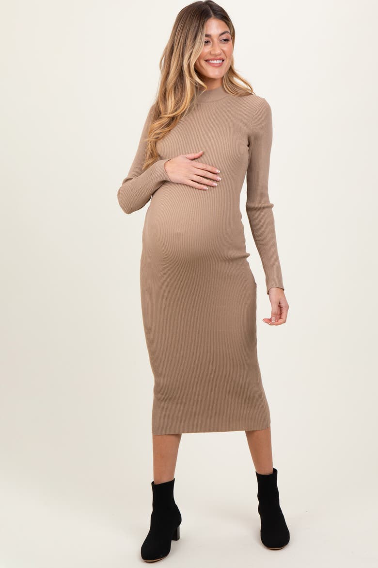 Mock Neck Fitted Ribbed Knit Midi Dress