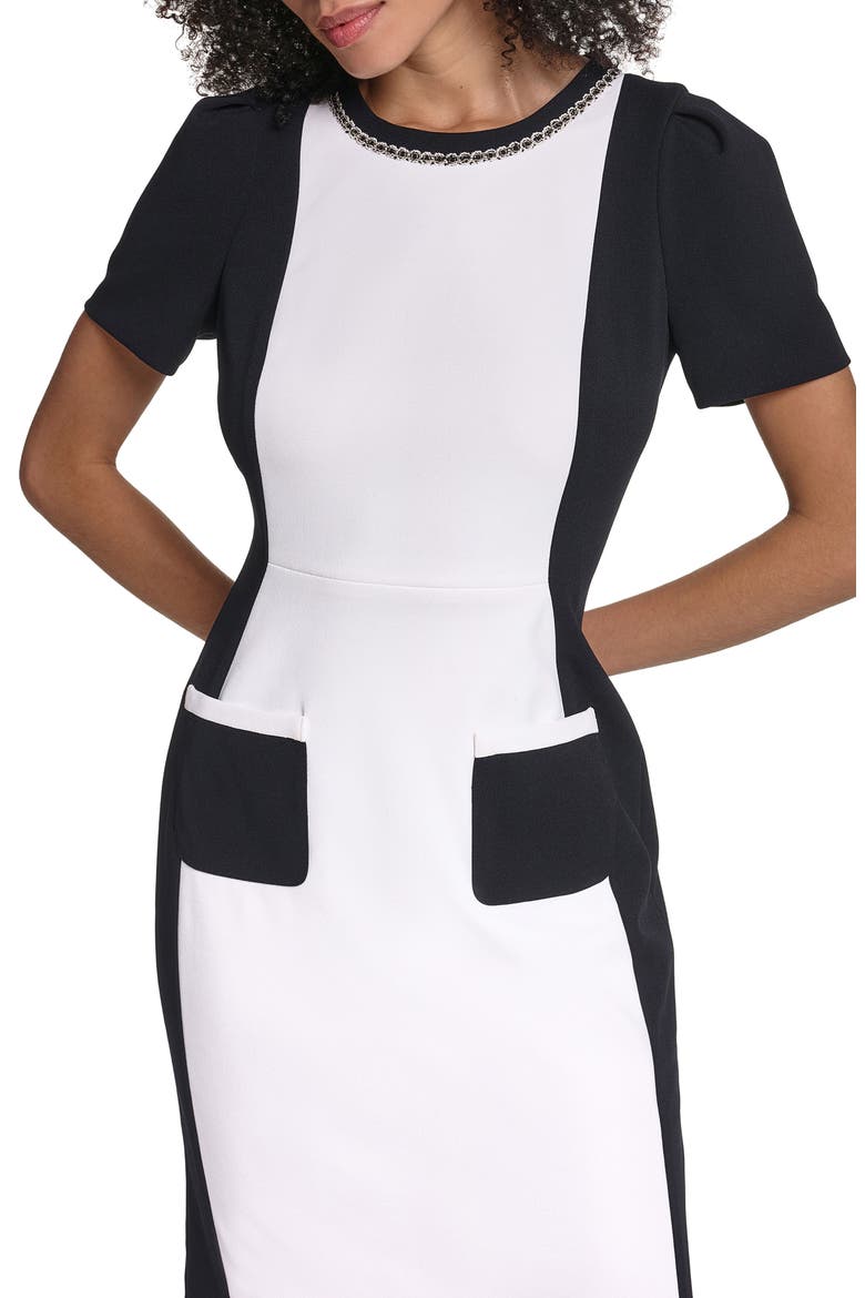 Bead Detail Colorblock Scuba Crepe Sheath Dress