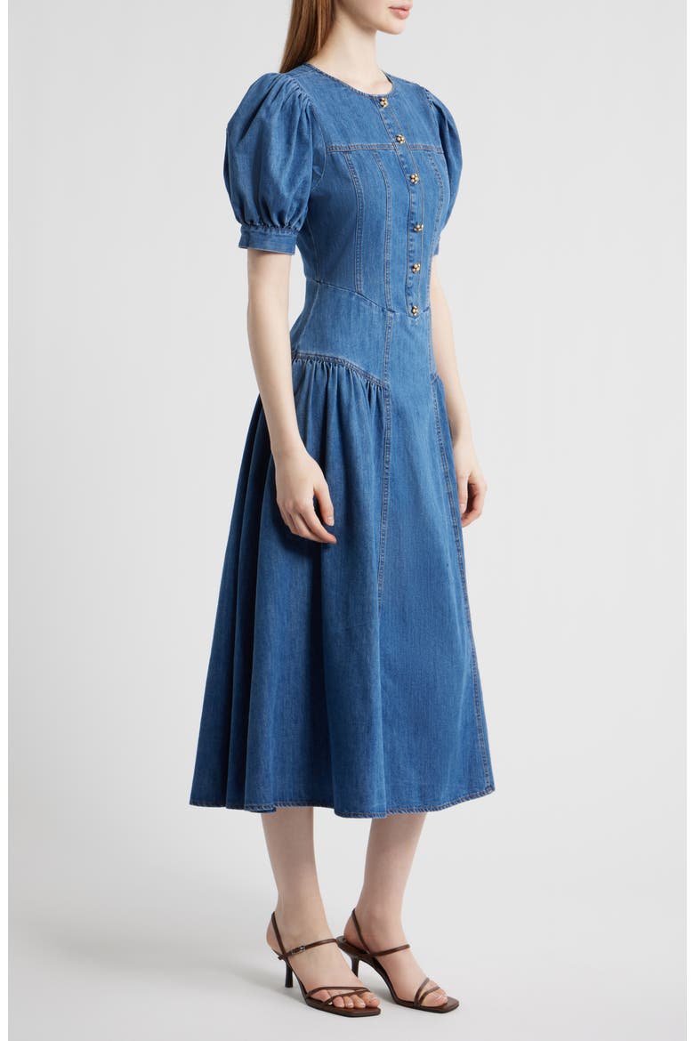 Cotton Blend Puff Sleeve Denim Midi Dress