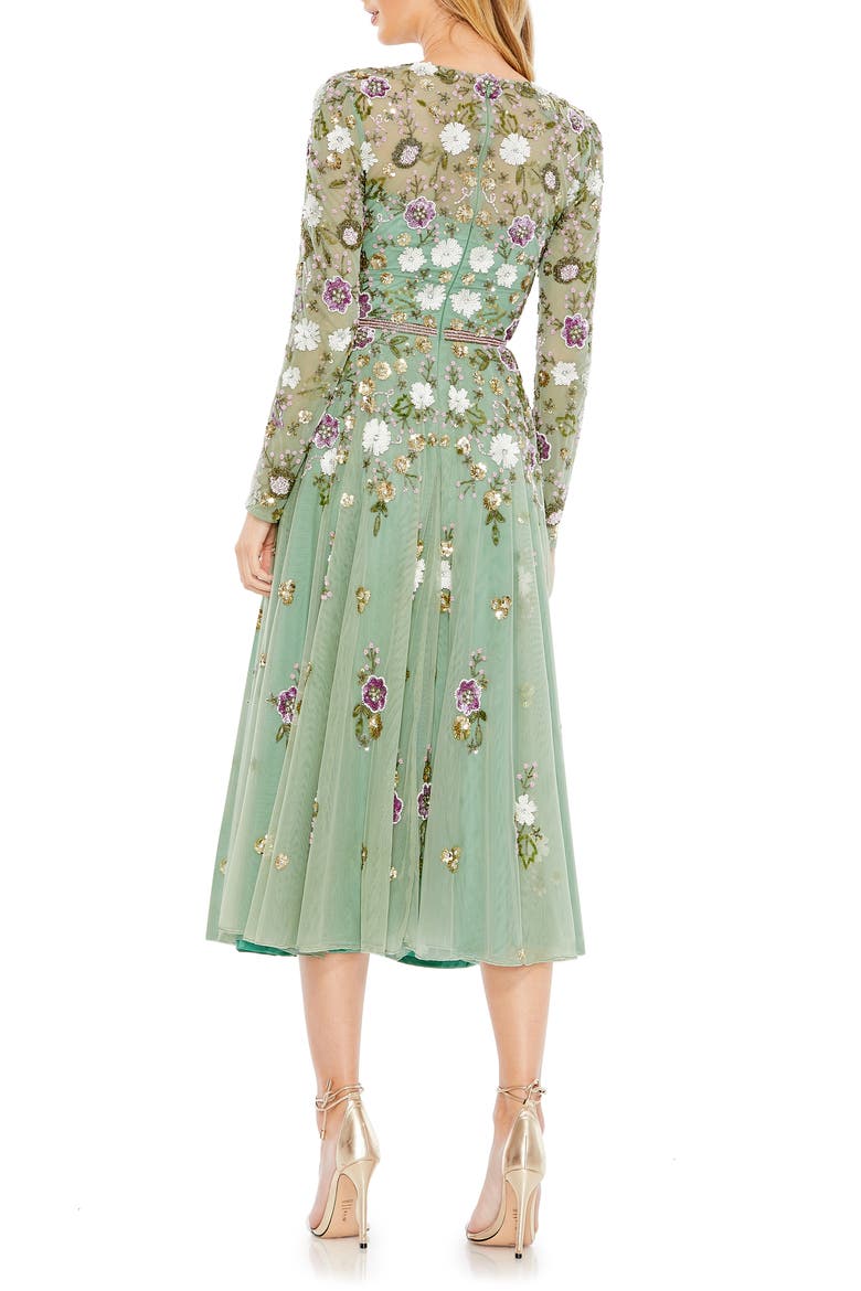 Sequined Floral Long Sleeve High Neck Midi Dress