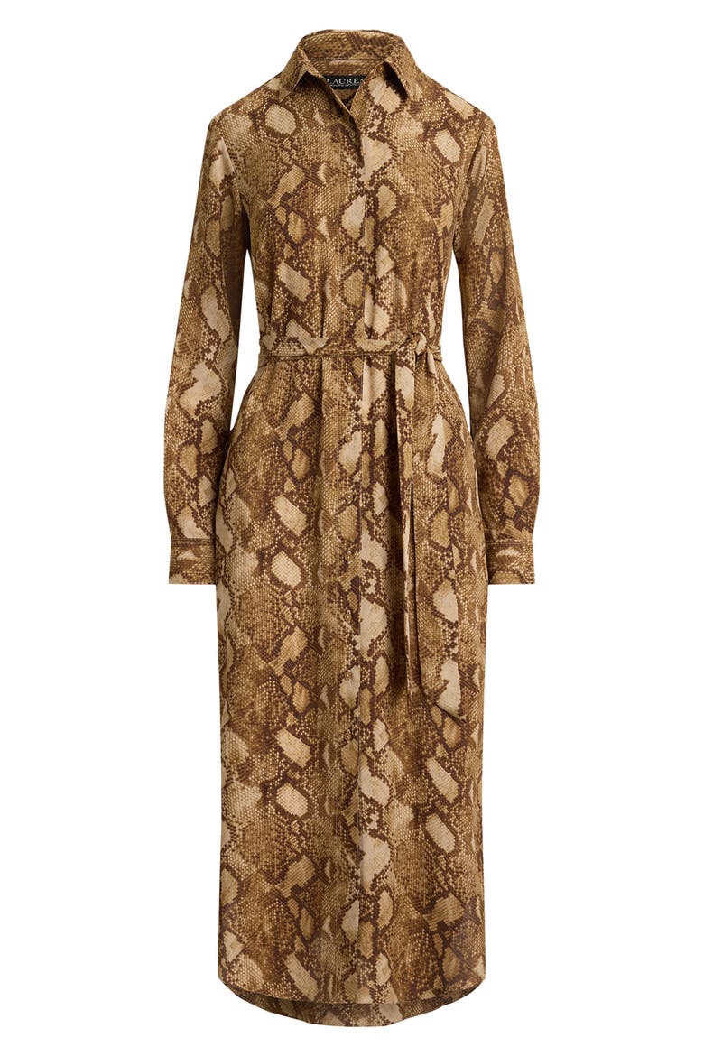 Snake Print Belted Georgette Midi Shirtdress