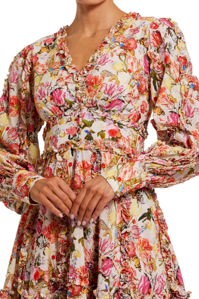 Ruffle Floral V Neck Cotton Mini Dress