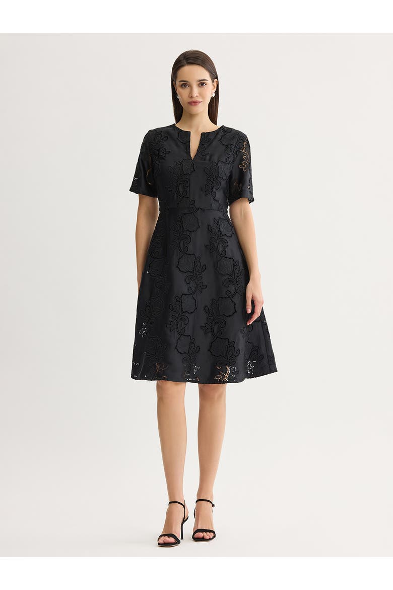 A-Line Floral Eyelet Crepe de Chine Dress