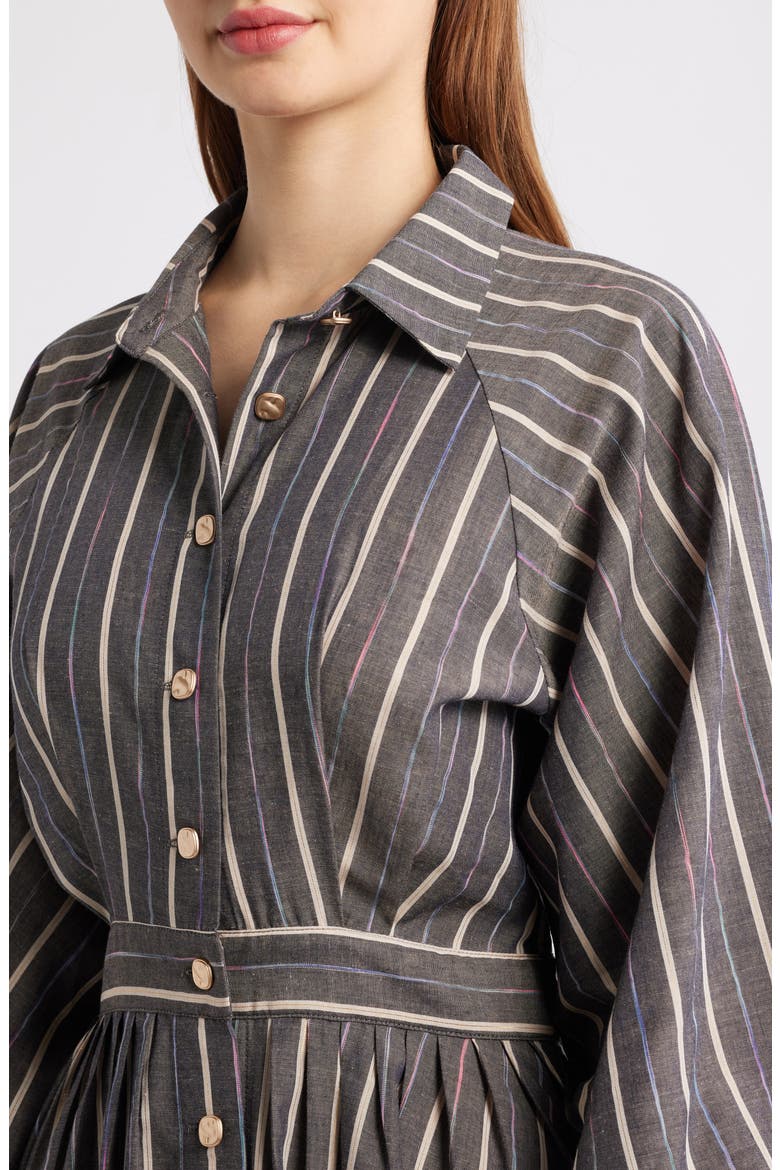 Stripe Pleated Long Sleeve Midi Shirtdress