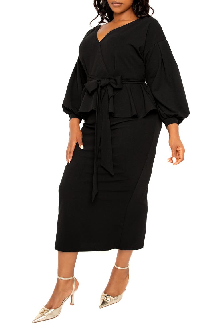 Convertible Shoulder Belted Peplum Midi Dress