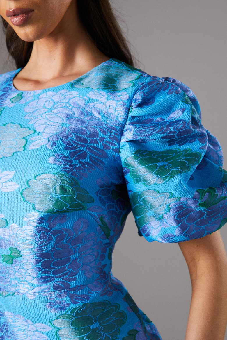 Jacquard Floral Puff Sleeve Midi Dress