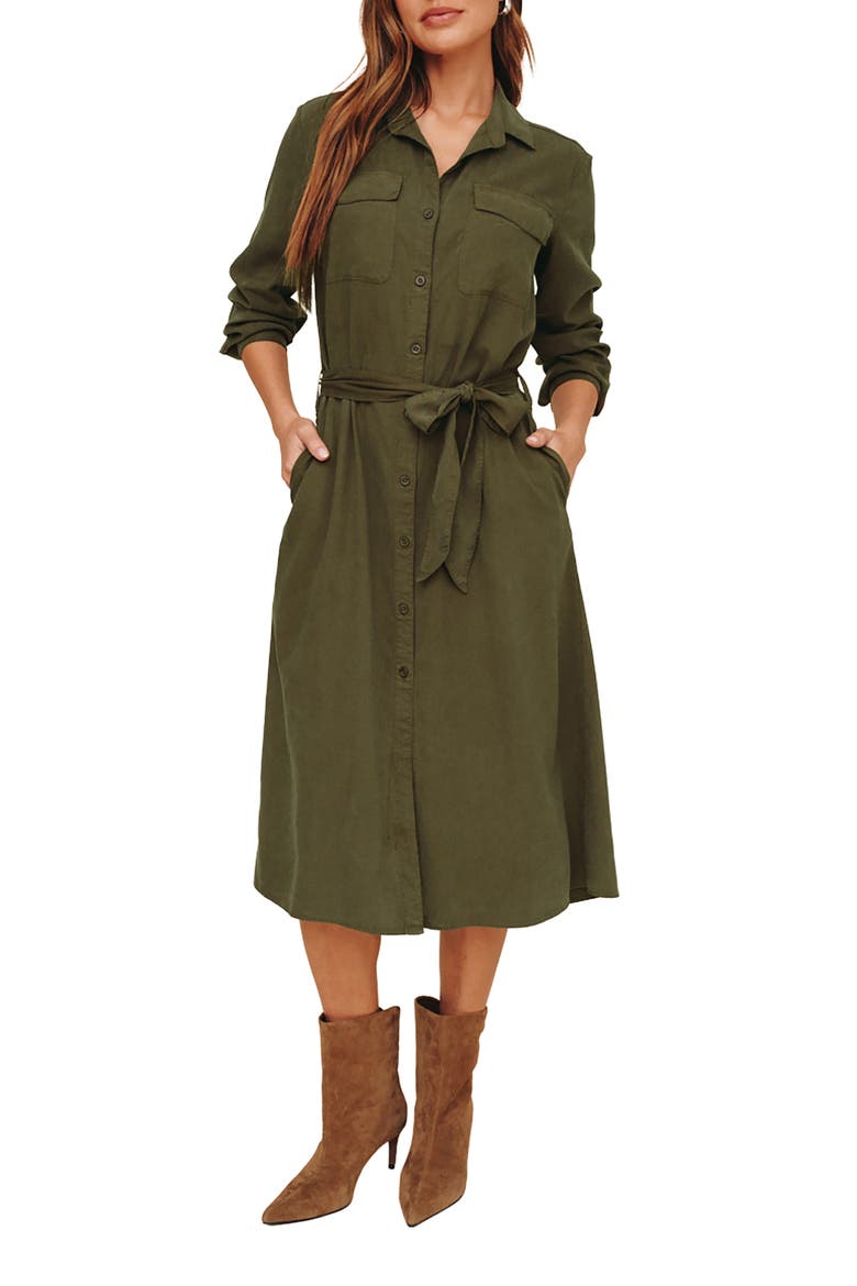 Tie Waist Long Sleeve Midi Dress
