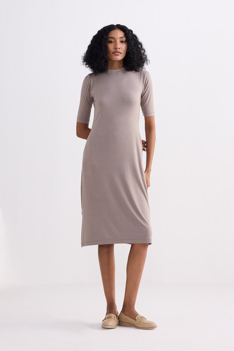 High Neck Elbow Sleeves Fitted Dress